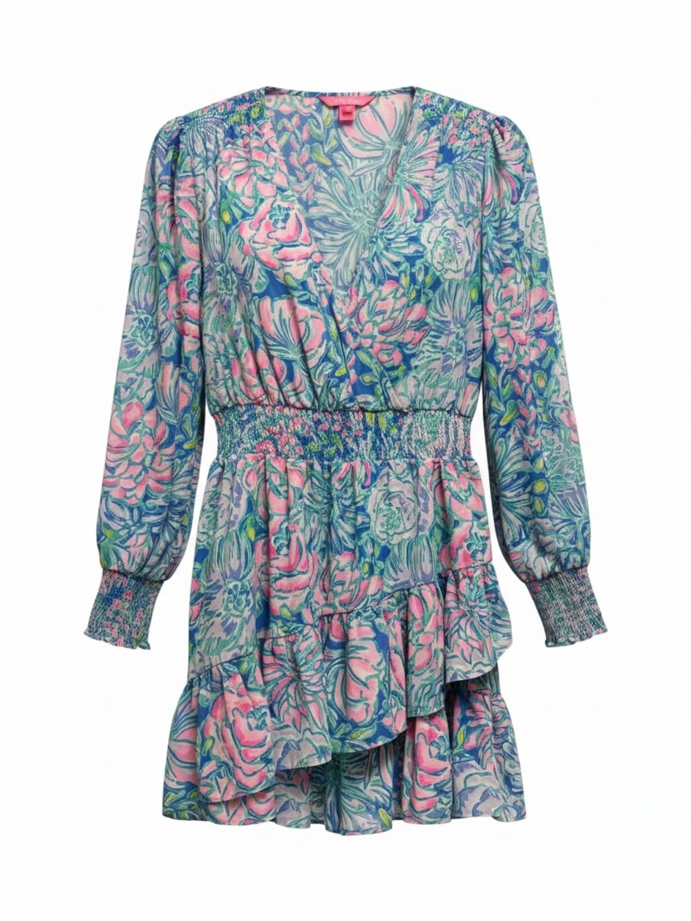 Lilly Pulitzer Pink & Blue Floral Long Sleeve Smocked Waist Dress